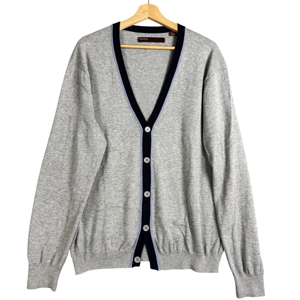 Perry Ellis Mens Gray‎ Varsity Tennis V-Neck Button Front Cardigan Sweater L